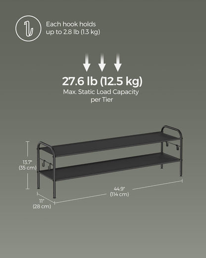 Shoe Rack, 2-Tier Shoe Organizer, Fabric Shoe Shelf Storage with 4 Hooks, Holds up to 12 Pairs of Shoes, Height-Adjustable Shoe Rack for Entryway, Hallway, Closet, Easy Assembly, Ink Black
