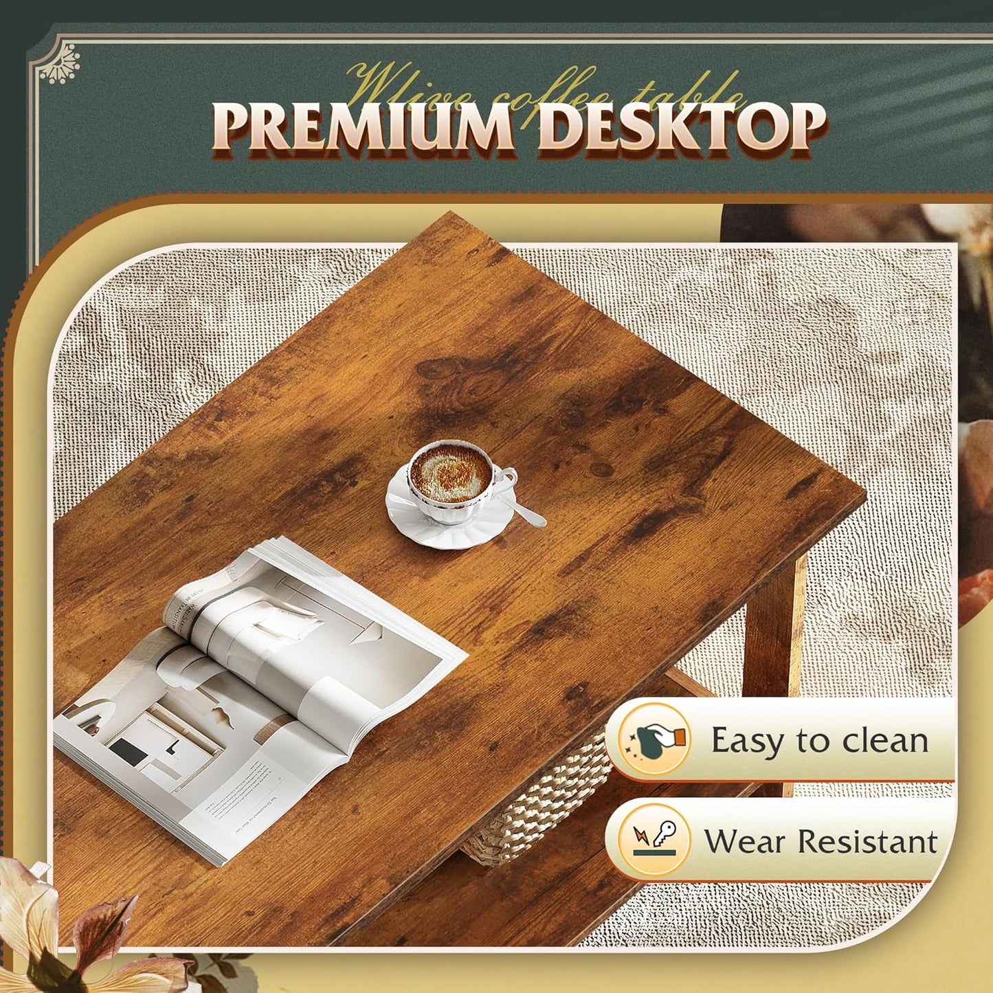 Coffee Table with Storage Shelf, 39.4" Farmhouse Coffee Table with V-Frame Support, 2-Tier Wood Rustic Center Table for Living Room, Bedroom & Balcony, Rustic Brown