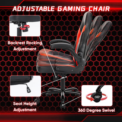 Computer Gaming Desk Chair - Ergonomic Video Game with Comfy Lumbar Support and Headrest, PU Leather with Flip-Up Arms, Adjustable Height and Swivel Wheels, for Adults, Black and Red