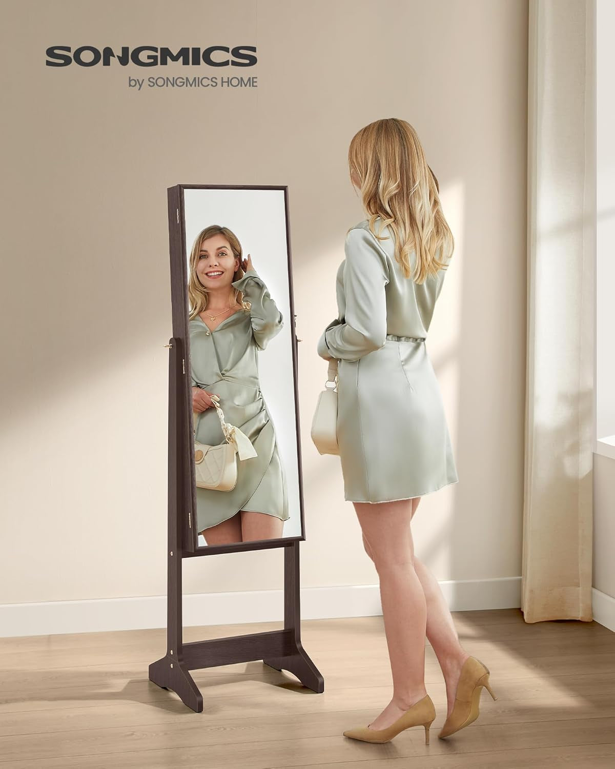 Mirror Jewelry Cabinet Armoire, Standing Full-Length Mirror, Lockable Jewelry Organizer, Gift Idea, Brown Surface and Black Lining UJJC69BR