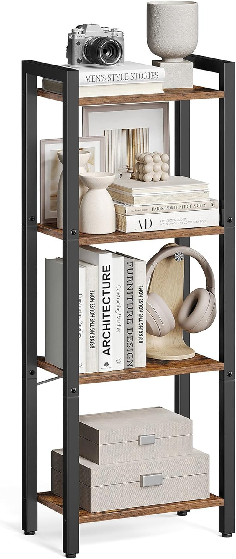 4-Tier Bookshelf, Bookcase with Steel Frame, Book Shelf for Living Room, Home Office, Study, 9.4 X 15.7 X 42 Inches, Industrial Style, Rustic Brown and Ink Black ULLS099B01