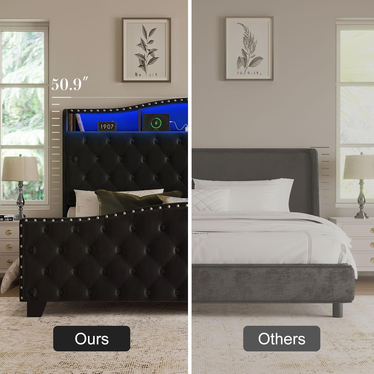 King Size Bed Frame and Headboard, 50.9" Velvet Upholstered Wingback Bedframe with LED Lights & Storage/Charging Station, Button Tufted Tall Footboard, No Box Spring Needed, Noise-Free, Black