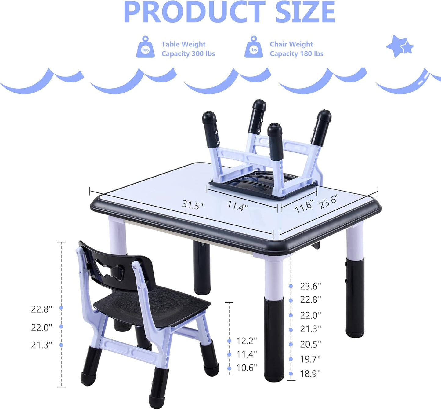 Kids Table & Chairs Set (2 Chairs), Height Adjustable Toddler Table and Chair Set for Kids Ages 3-8 with Graffiti Desktop, Learning & Art Activity Desk for Classroom, Home, Daycare (Black)