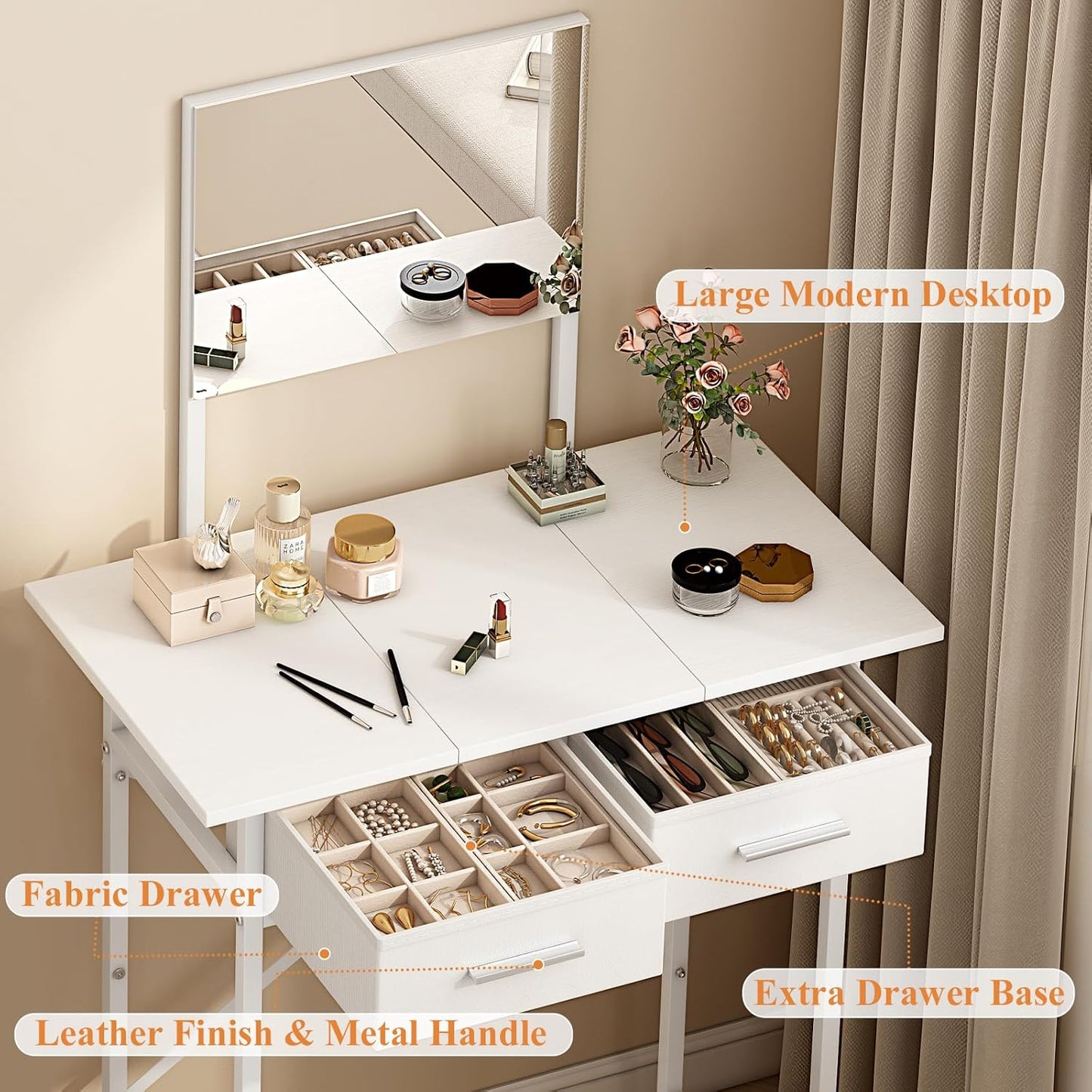 Small Vanity Desk with Mirror and Drawers, White Makeup Vanity Table with Storage, Compact Vanity for Bedroom, Modern Makeup Desk for Girls, Space-Saving Vanity Table