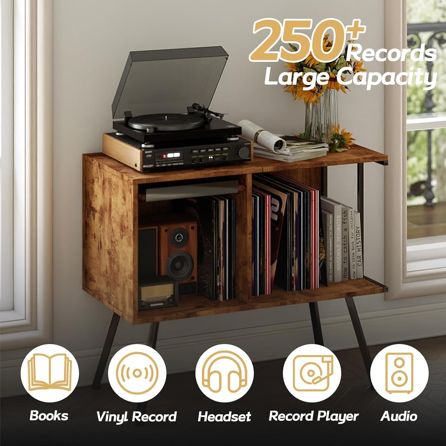 Flip Top Record Player Stand, Large Record Player Table with Open Storage Holds up to 150+ Albums, Mid Century Turntable Stand, Stereo Cabinet for Speakers, for Living Room, Bedroom, Rustic