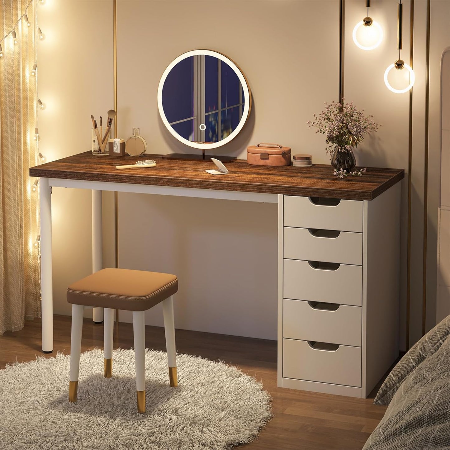 Computer Desk with 5 Drawers, 47 Inches Rustic Brown Home Office Desk with Storage, Modern Simple Laptop Desk Study Writing Table for Small Spaces (Reversible Drawer Cabinet)