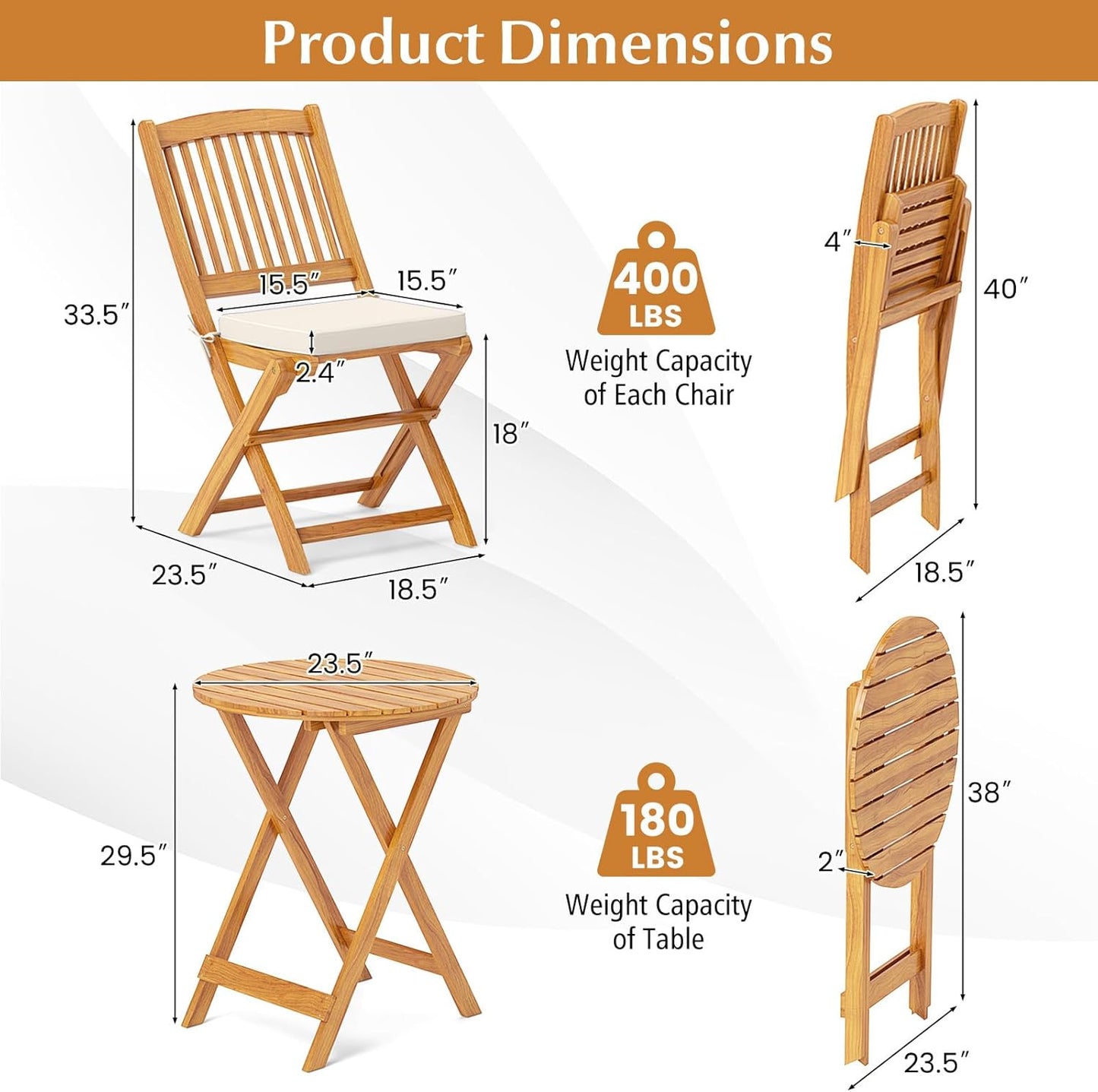 3 Pieces Acacia Wood Patio Folding Bistro Set, Outdoor Table and Chairs Set with Soft Cushions, Patio Furniture Set for Porch, Balcony, Garden, Deck and Backyard