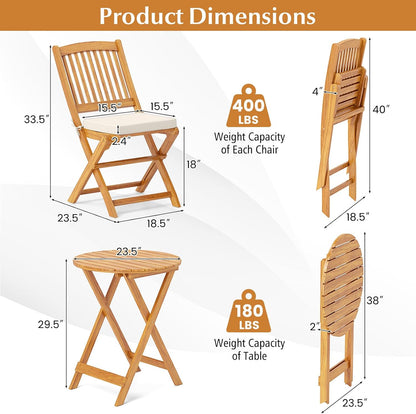 3 Pieces Acacia Wood Patio Folding Bistro Set, Outdoor Table and Chairs Set with Soft Cushions, Patio Furniture Set for Porch, Balcony, Garden, Deck and Backyard