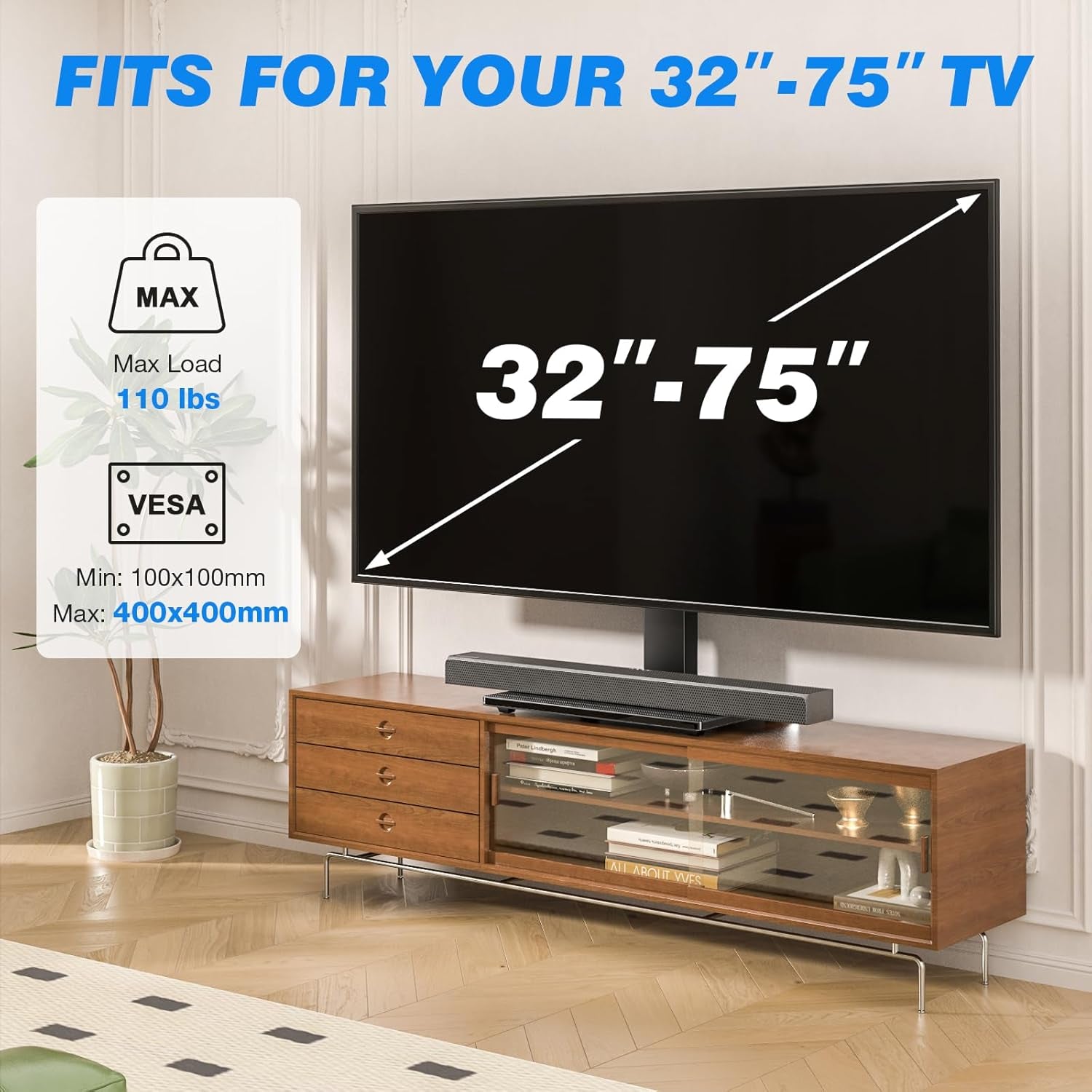 Universal Swivel TV Stand Table Top TV Stand for 32-65,70,75 Inch LCD LED TV up to 110 Lbs -Height Adjustable Center Pedestal Stand Replacement with Heavy Duty Tempered Glass Base