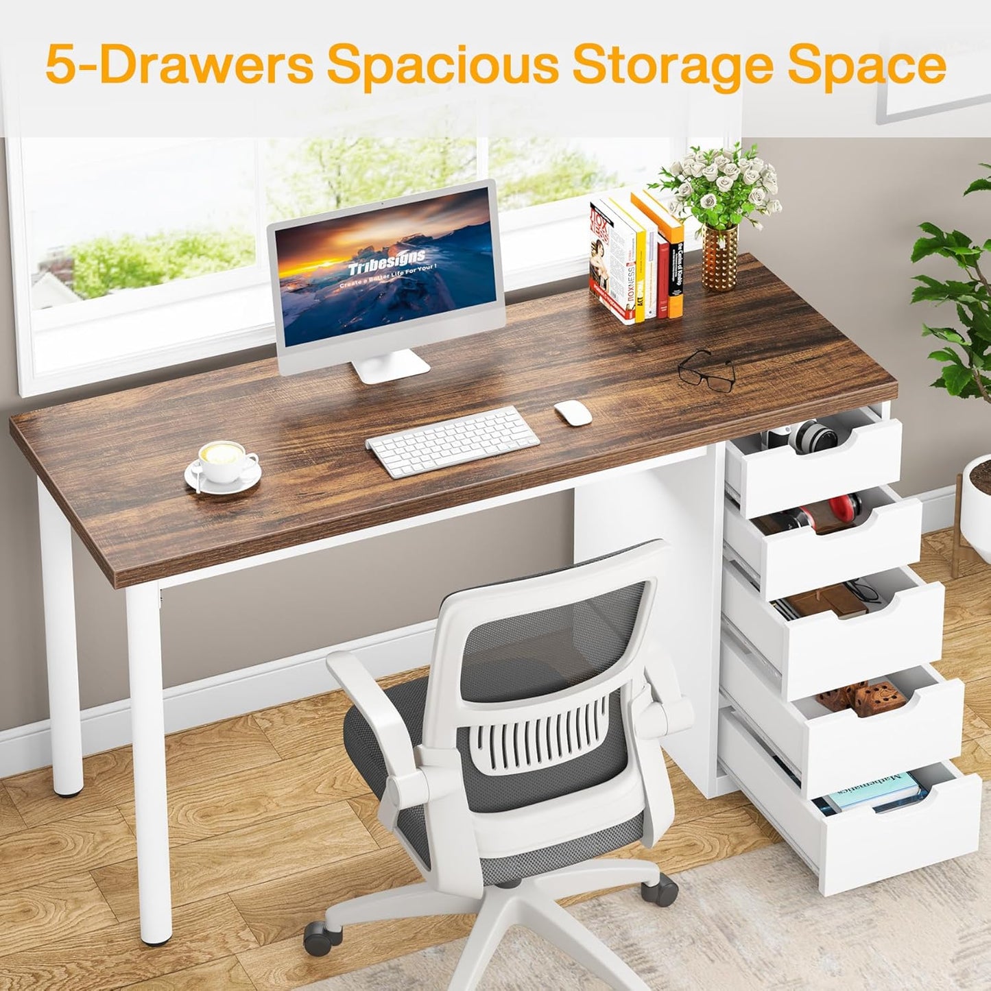 Computer Desk with 5 Drawers, 47 Inches Rustic Brown Home Office Desk with Storage, Modern Simple Laptop Desk Study Writing Table for Small Spaces (Reversible Drawer Cabinet)