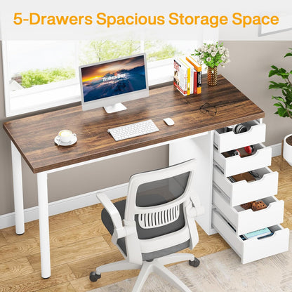 Computer Desk with 5 Drawers, 47 Inches Rustic Brown Home Office Desk with Storage, Modern Simple Laptop Desk Study Writing Table for Small Spaces (Reversible Drawer Cabinet)
