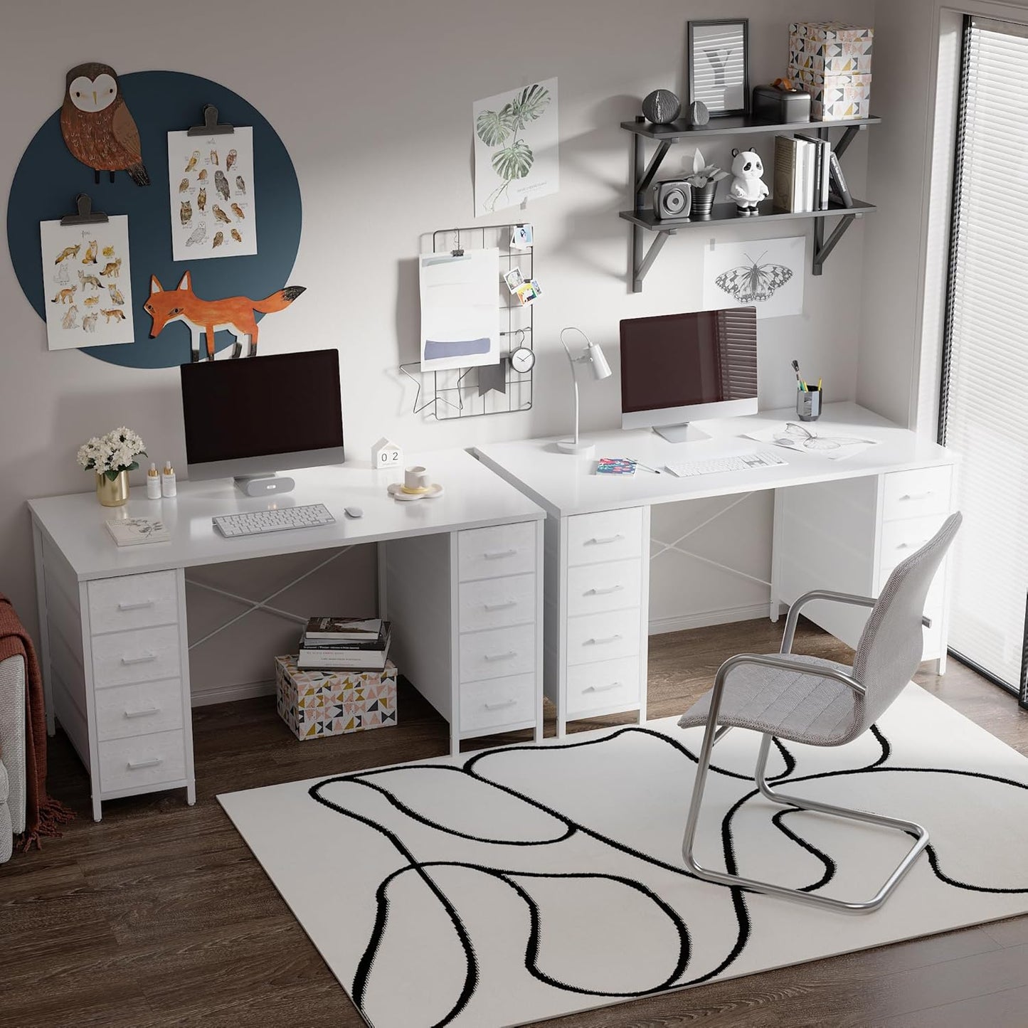 47 Inch Computer Desk with 8 Fabric Drawers PC Gaming Desk Home Office Study Work Writing Table for Bedroom White