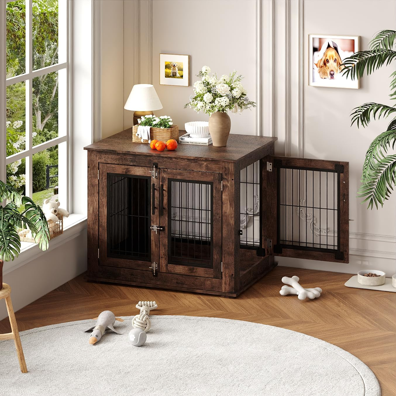 Farmhouse Dog Crate Furniture End Table - Heavy Duty Wooden Kennel Cabinet with Double Doors for Small/Medium Dogs, Rustic Brown Indoor Dog House Furniture Console for Living Room
