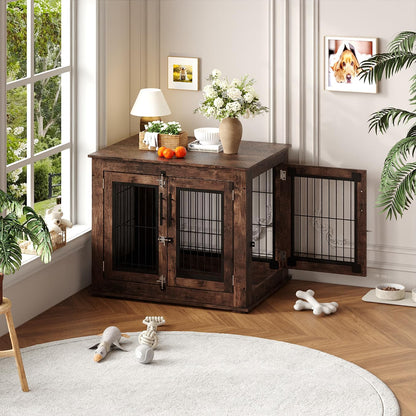 Farmhouse Dog Crate Furniture End Table - Heavy Duty Wooden Kennel Cabinet with Double Doors for Small/Medium Dogs, Rustic Brown Indoor Dog House Furniture Console for Living Room