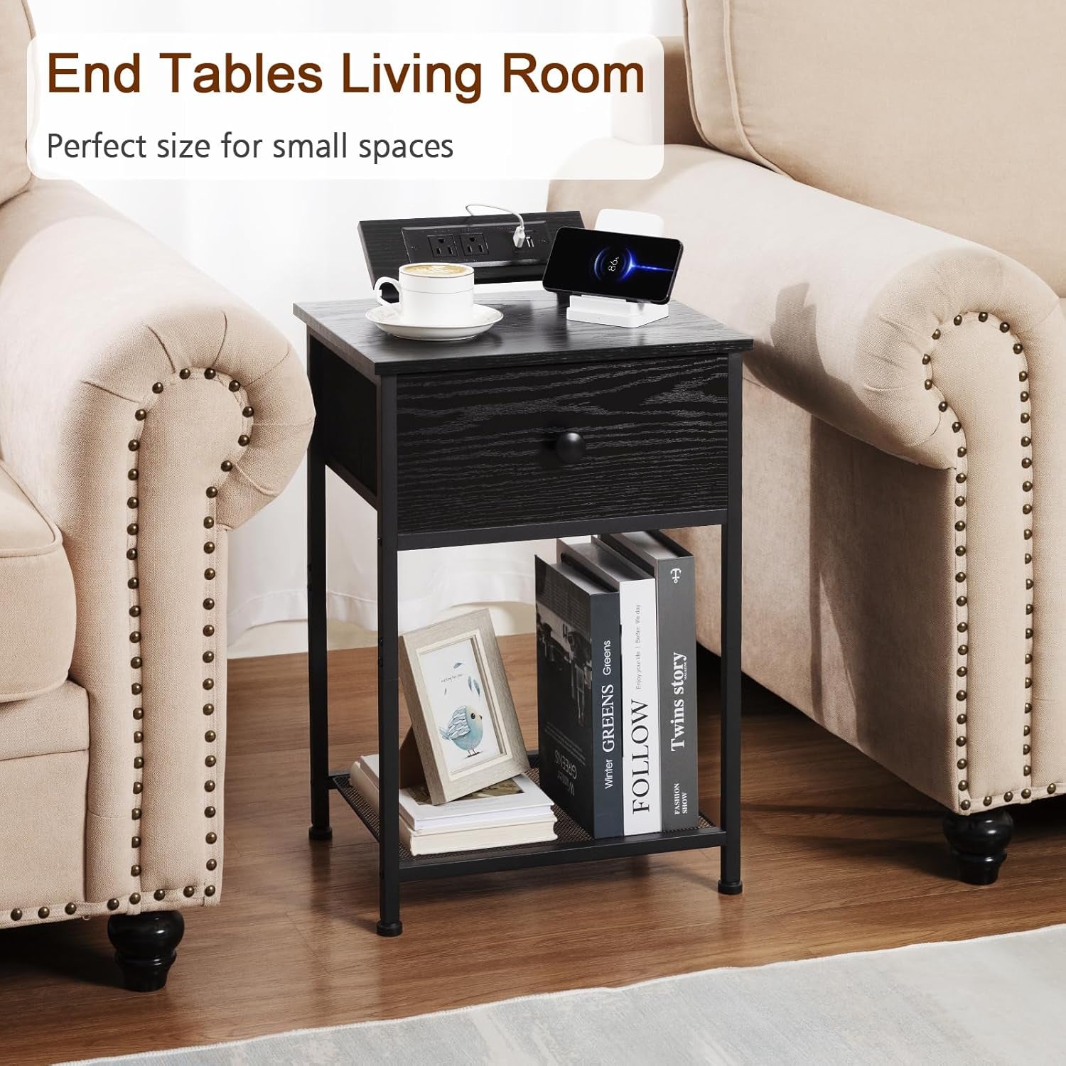 Night Stand, Black Nightstand Set of 2, Small End Tables Living Room with Charging Station, Slim Bed Side Table with Fabric Storage Drawer for Bedroom, Small Space, HET03SDPBK