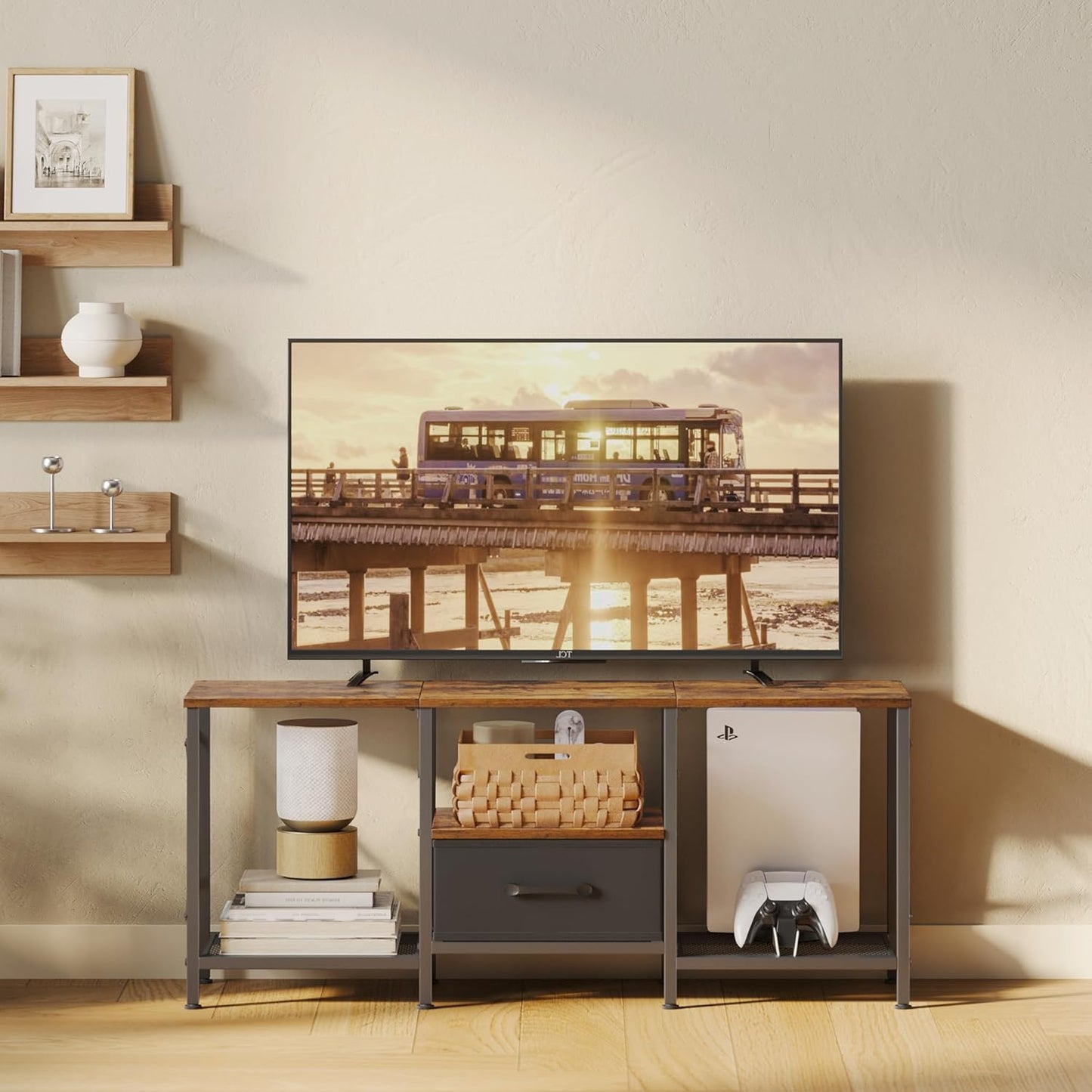 TV Stand with Fabric Drawer, Entertainment Center for 50 55 Inch TV, Industrial TV Console Table with Open Storage Shelves for Living Room, Bedroom, Rustic Brown