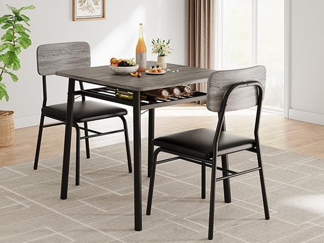 3-Piece Dining Table Set for 2 with Storage Rack, Wood Kitchen Table with Upholstered Chairs Set of 2, Small Square Table Set with Metal Legs Support, for Dining Room, Living Room