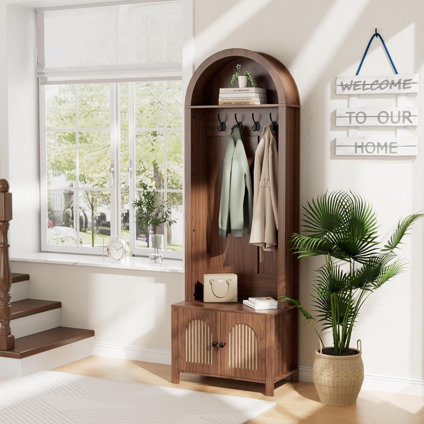 Hall Tree with Bench and Shoe Storage, Entryway Storage Bench with Coat Rack, 70.9" Arch Coat Rack with 4 Hooks and 2 Fluted Doors, Farmhouse Style Furniture Organizer for Hallway,Mud Room