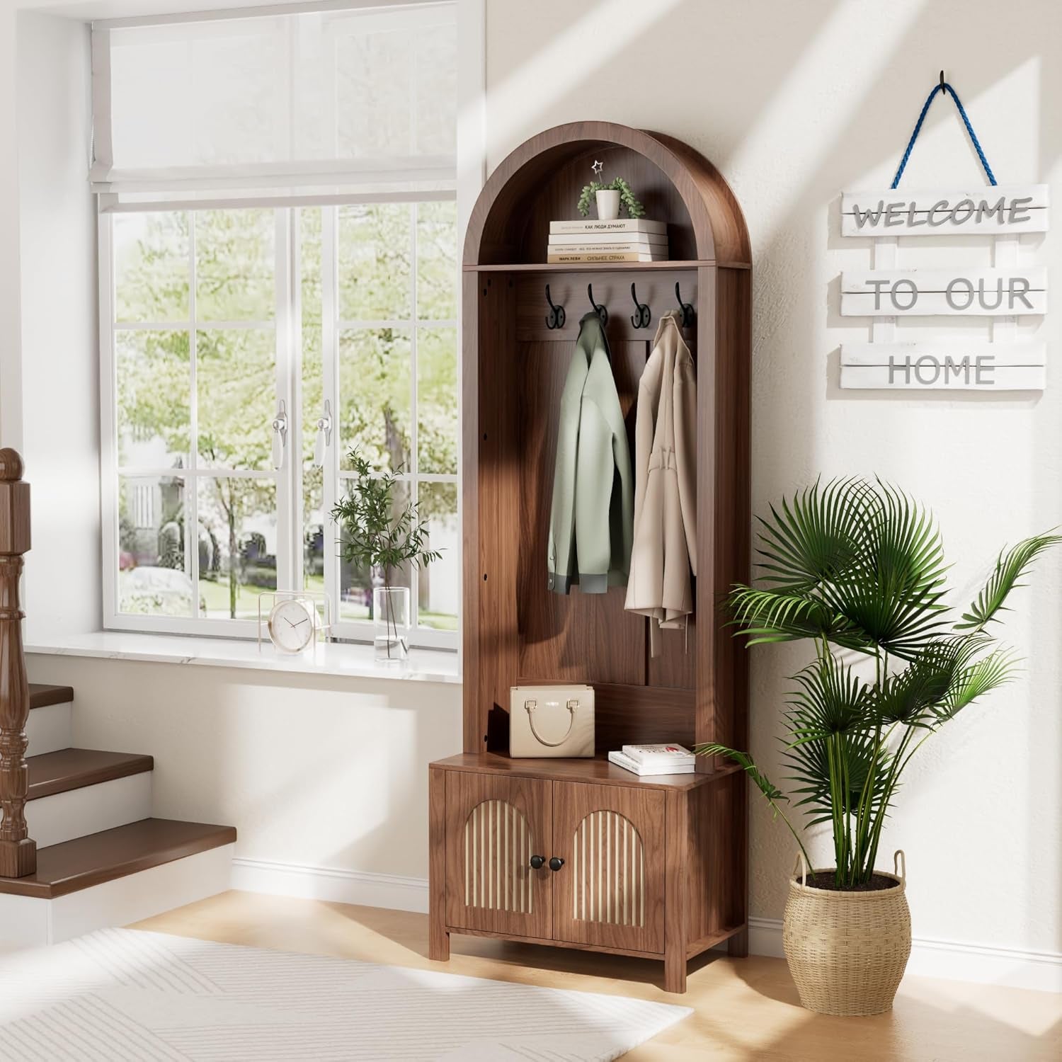 Hall Tree with Bench and Shoe Storage, Entryway Storage Bench with Coat Rack, 70.9" Arch Coat Rack with 4 Hooks and 2 Fluted Doors, Farmhouse Style Furniture Organizer for Hallway,Mud Room