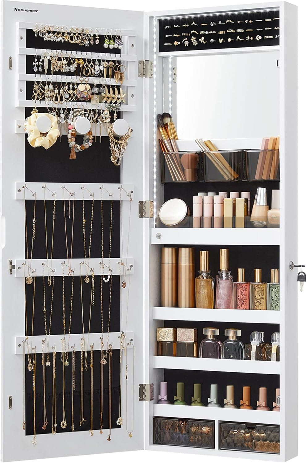 Mirror Jewelry Cabinet Armoire Organizer, Wall or Door Mount Storage Cabinet with Full-Length Frameless Lighted Mirror, Built-In Makeup Mirror, 2 Drawers, Lockable, White UJJC013W01