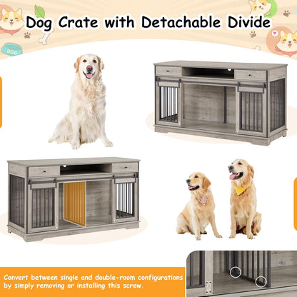 60.6 Inch Double Dog Crate Furniture, 2-In-1 Dog Kennel Furniture with 2 Sliding Doors and Thick Iron, Wooden Large Dog Crate with Divider for 2 Dogs