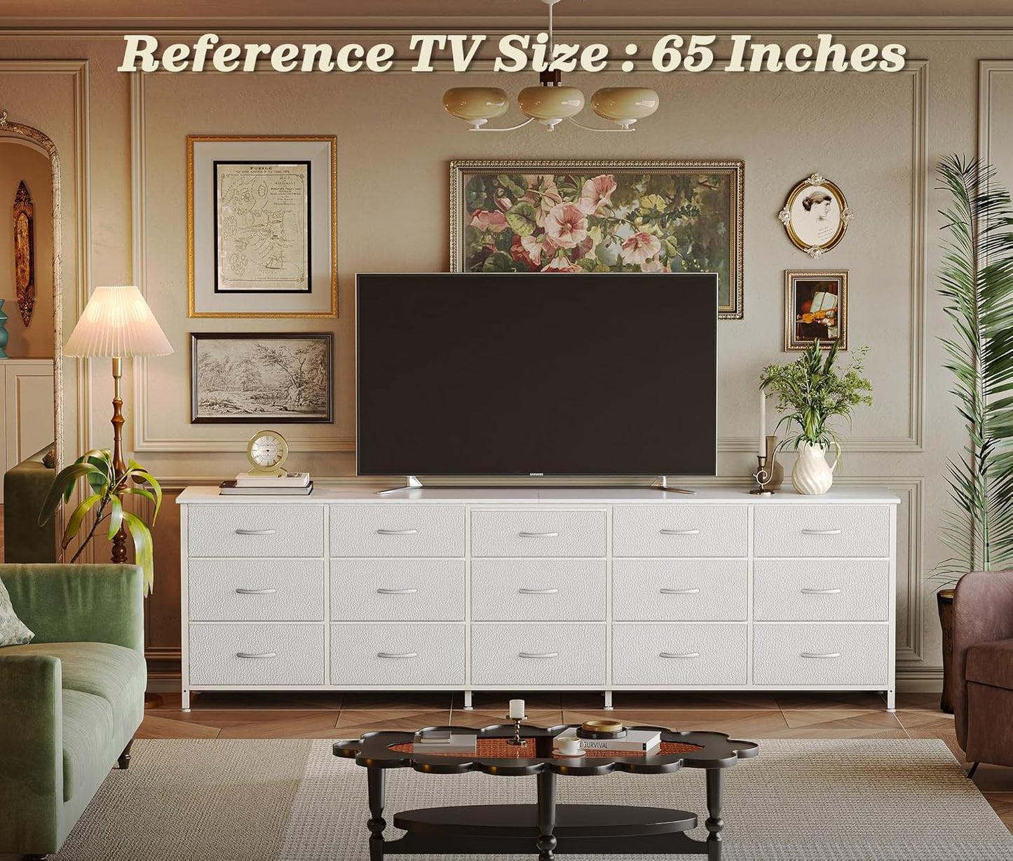 78.7 Inch Long Dresser for Bedroom, 15 Drawer Fabric Dresser for Closet, Large TV Stand for 65, 75, 85 Inch TV, Wide Chest of Drawer with Storage, 78.7" W X 12.9" D X 26.7" H, White