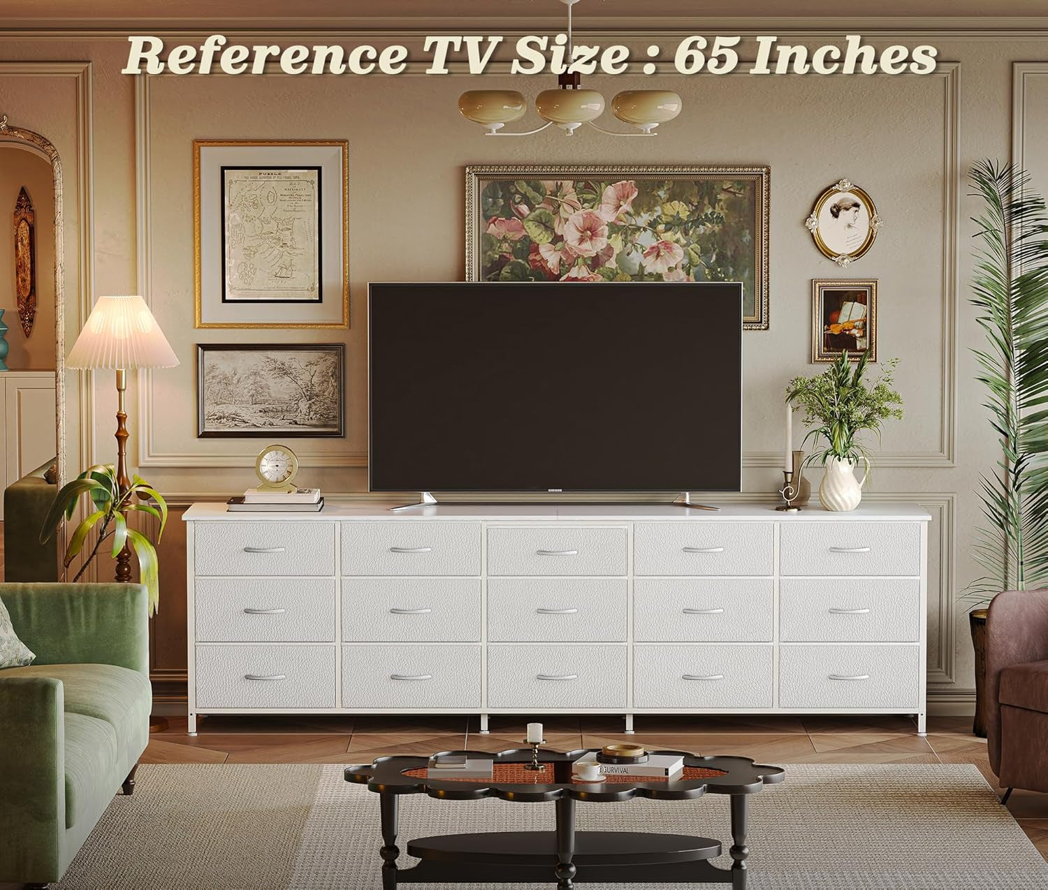 78.7 Inch Long Dresser for Bedroom, 15 Drawer Fabric Dresser for Closet, Large TV Stand for 65, 75, 85 Inch TV, Wide Chest of Drawer with Storage, 78.7" W X 12.9" D X 26.7" H, White