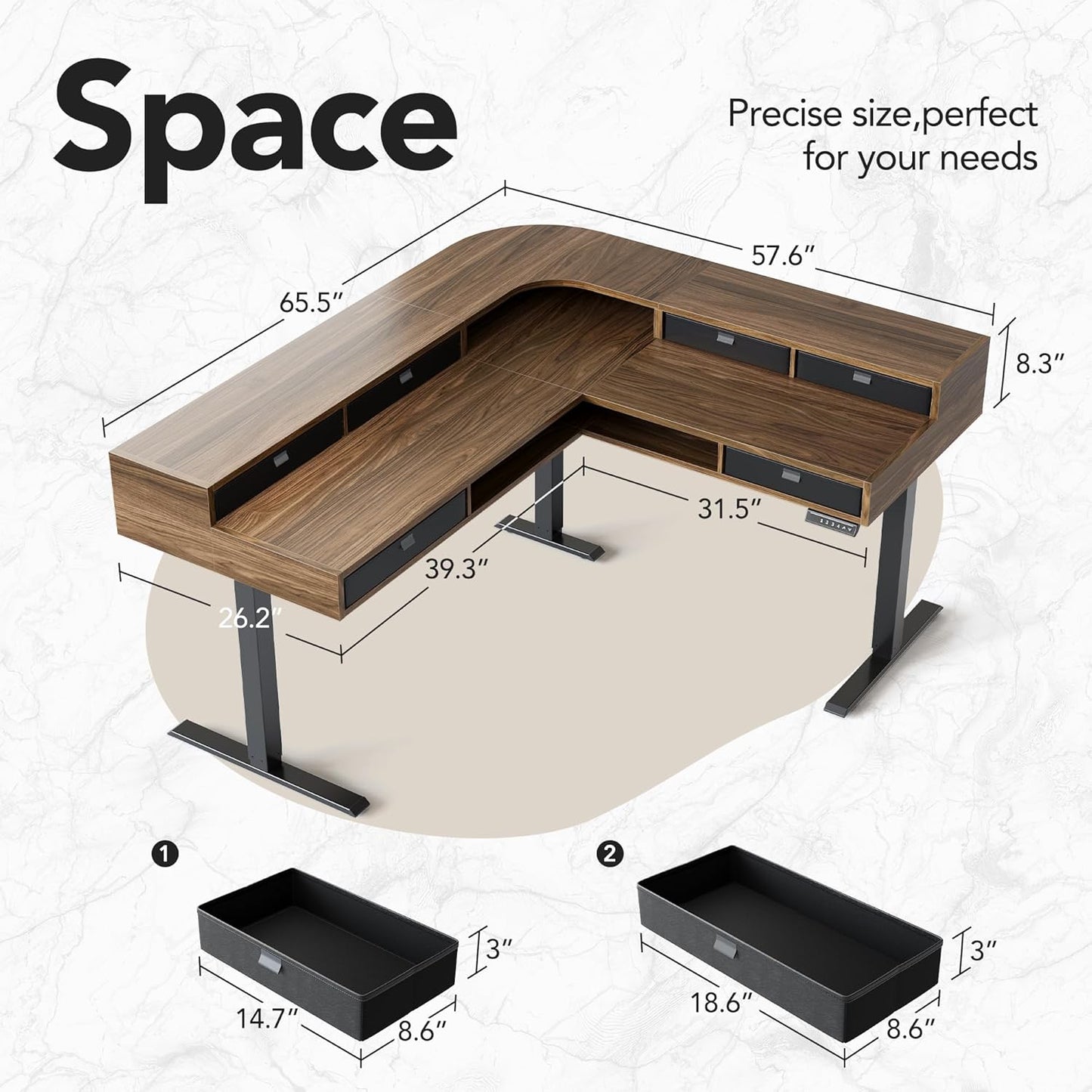 65.5" × 57.6" Electric L Shaped Standing Desk with 6 Storage Drawers, 2-Tier Corner Sit Stand Desk with Power Strip Tray & Cable Grommets, Height Adjustable Computer Gaming Table, Walnut