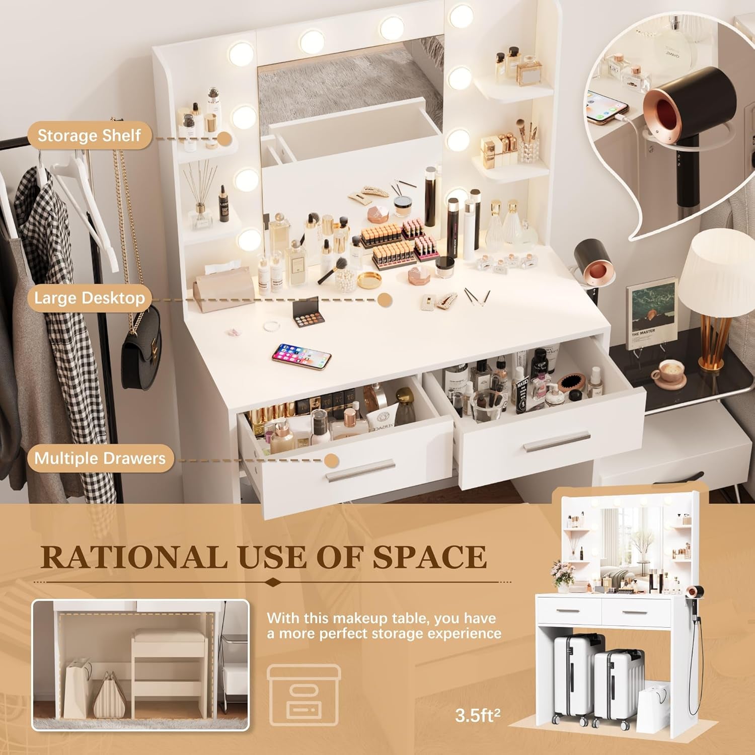 Make up Vanity Desk with Mirror and Power Outlet, Vanity with 3 Color Light Options Adjustable Brightness,Vanity Desk with 2 Drawers, 6 Storage Shelves (White, with Bench)