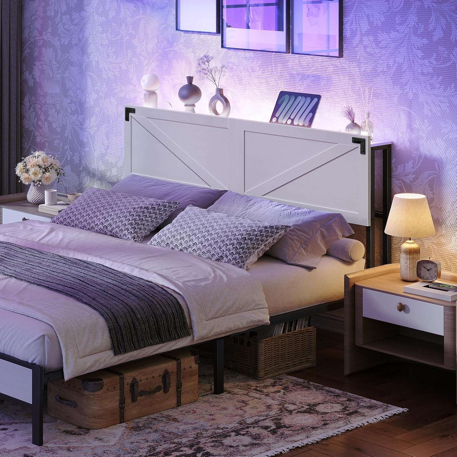 Queen Size Headboard Only, Headboard with 2 Outlets and 4 USB Ports, Farmhouse Headboard, with LED Lights, Secure Storage with Raised Fence, with Bed Frame Adapter, White and Black
