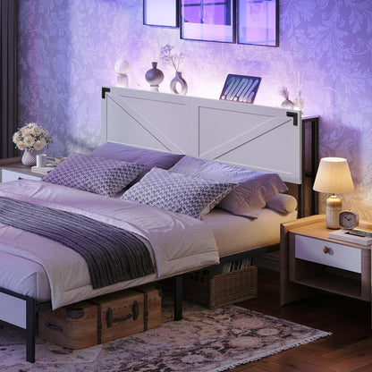Queen Size Headboard Only, Headboard with 2 Outlets and 2 USB Ports, Farmhouse Headboard, with LED Lights, Secure Storage with Raised Fence, with Bed Frame Adapter, White and Black