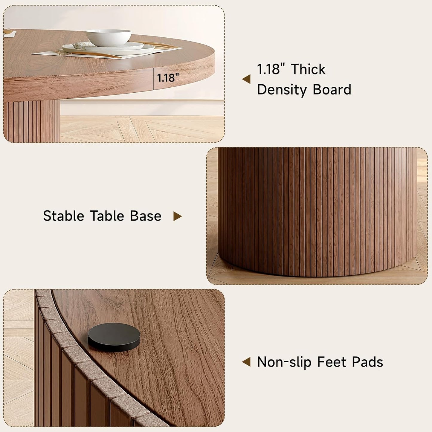 47 Inch round Dining Table for 4, Circle Kitchen Table with Wood Strip Base, Modern Farmhouse Dinner Tables for Kitchen, Living Room (Walnut)