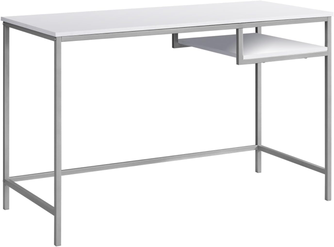 Contemporary Home Office Work Desk for Small Spaces with Storage Shelf, Modern Design PC Laptop Desk with Sturdy Coated Silver Metal Legs