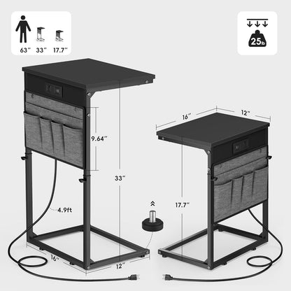 C Shaped End Table with Charging Station, Adjustable Height Side Table for Couch, Small Sofa Table Laptop Couch Desk, Slide under Sofa TV Tray Tall Arm C Tables for Living Room Bedroom, Black
