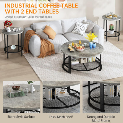 Living Room Coffee and End Table Sets, Wooden Modern Rustic Center Table with Two Side Tables, 3 Piece Living Room Coffee Table Set with Storage for Living Room, Apartment (Grey)