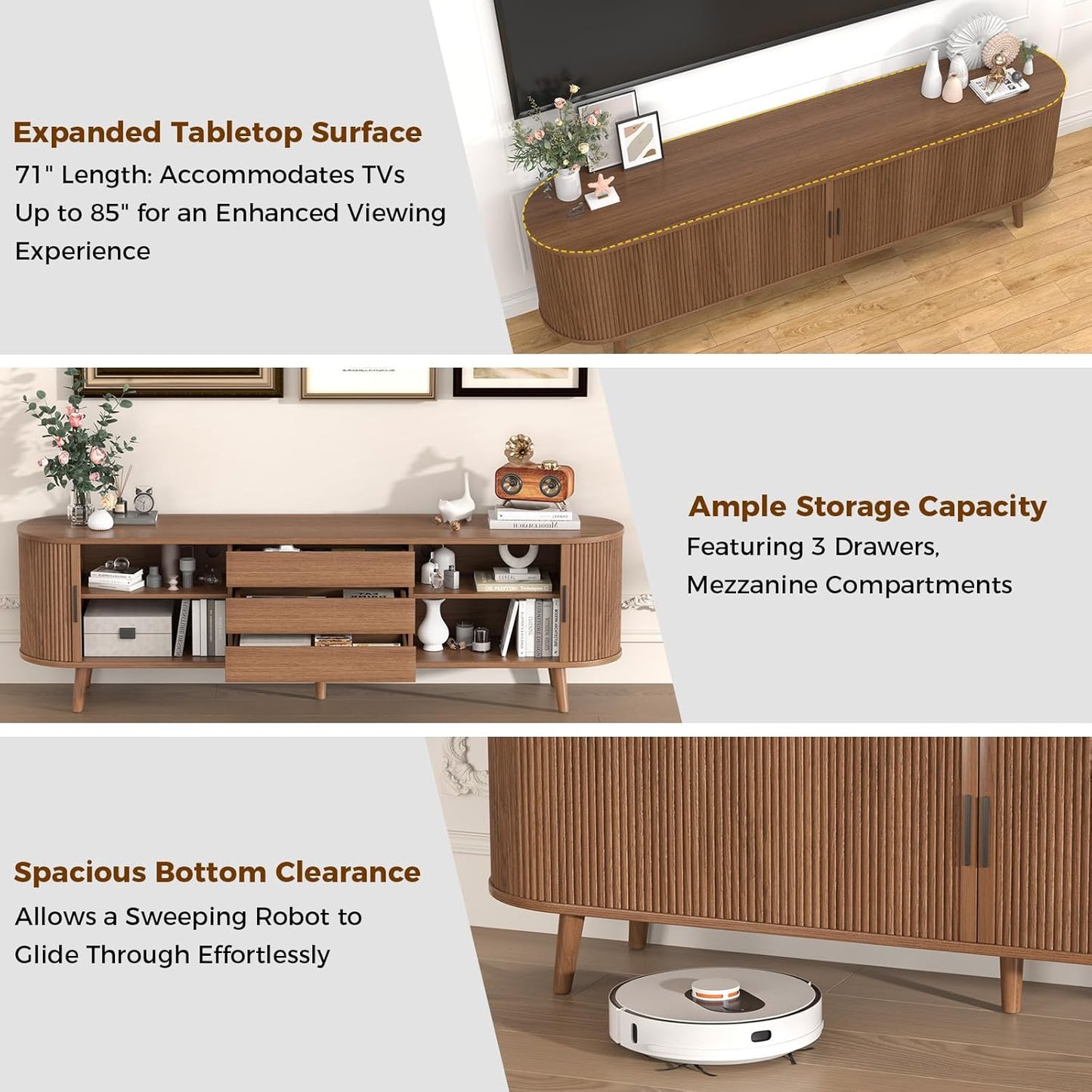 TV Stand for Living Room, 71" Mid Century Modern Entertainment Center W/Curved Edge for 55/60/65 Inch TV, Media Consol with Sliding Door Drawers and Open Shelves for Bedroom Living Room