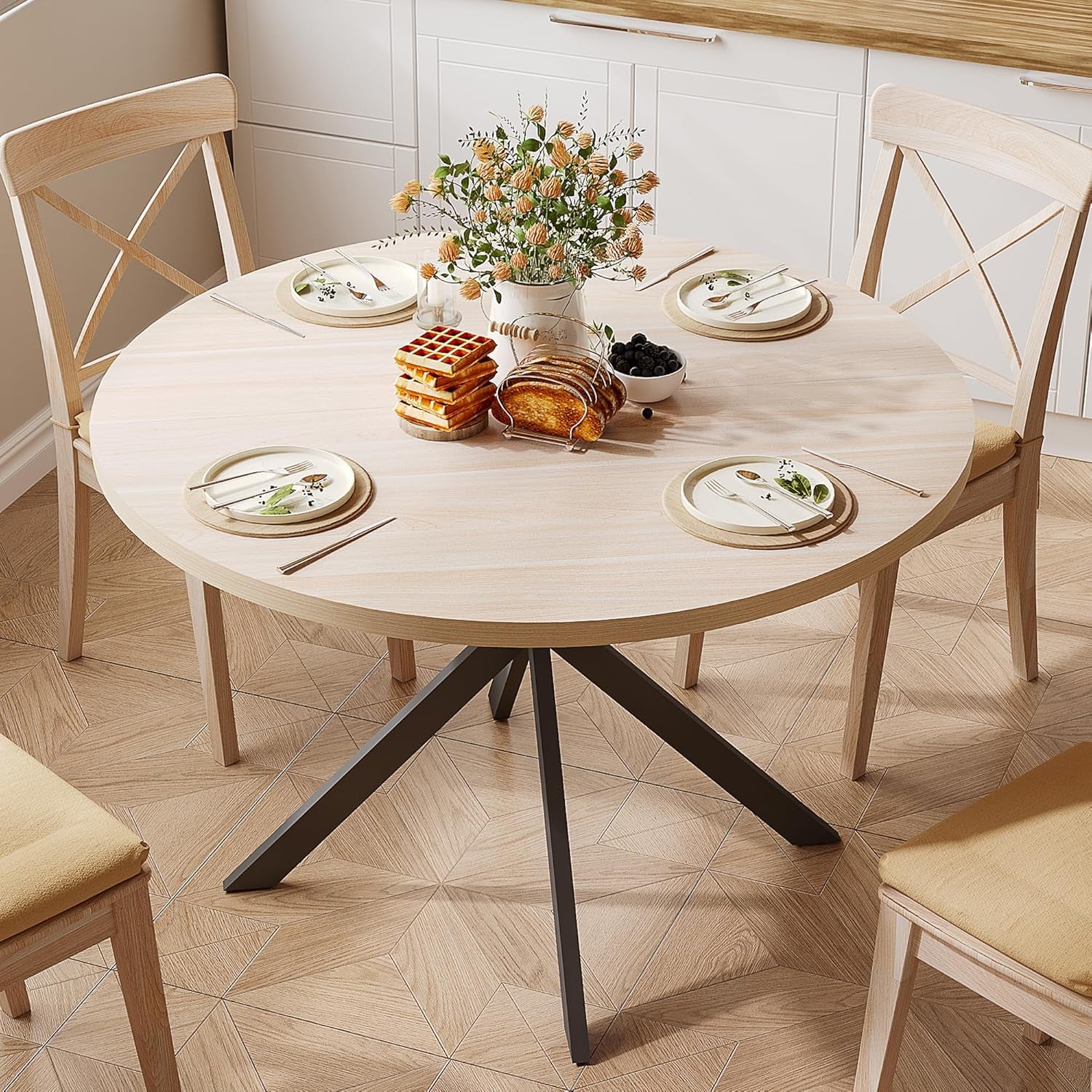 47.2 Inch round Dining Table for 4, Farmhouse Wood Kitchen Table, Circle Dinner Table for Kitchen & Dining Room, Natural Oak