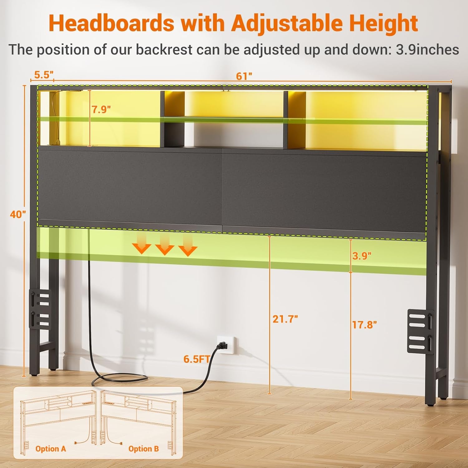 Headboard for Queen Size Bed with Storage, Headboards with Outlets, USB Ports and LED Light, Queen Size Head Board Only, Height Adjustable, Reversible, Sturdy and Stable Headboard, Black