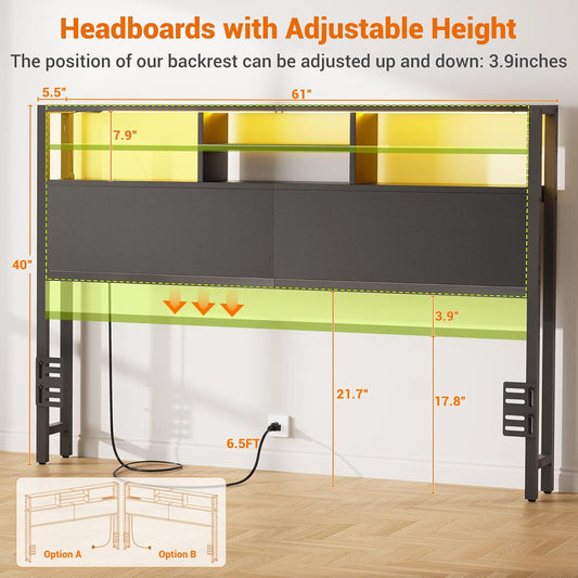 Headboard for Queen Size Bed with Storage, Headboards with Outlets, USB Ports and LED Light, Queen Size Head Board Only, Height Adjustable, Reversible, Sturdy and Stable Headboard, Black