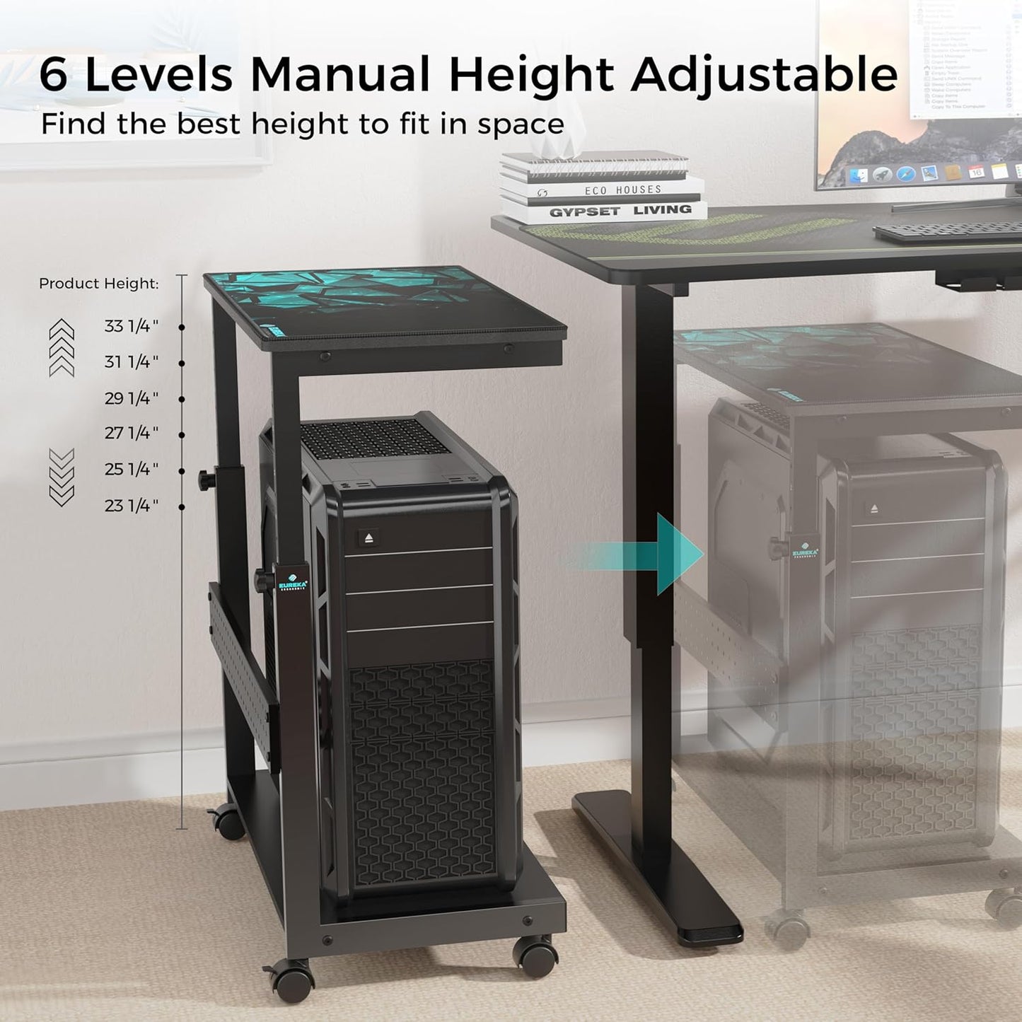 PC Stand Computer Cart, Height Adjustable Tower Stand 2-Tier Suit for ATX Case Printer, Metal Rolling Cart on Wheels for Gaming Home Office, Black