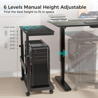 PC Stand Computer Cart, Height Adjustable Tower Stand 2-Tier Suit for ATX Case Printer, Metal Rolling Cart on Wheels for Gaming Home Office, Black