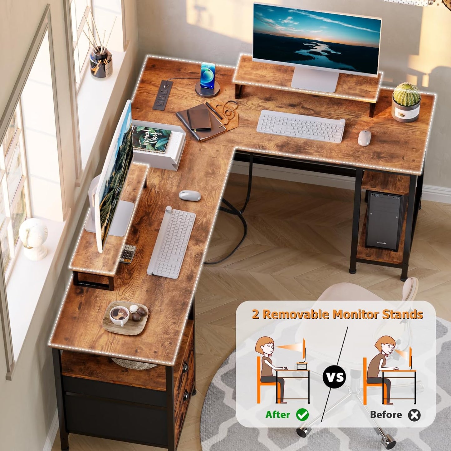 59” L Shaped Desk with Power Outlet, Reversible Computer Desk with File Drawer & 2 Monitor Stands, Corner Home Office Table with Storage Shelves for Gaming Writing, Black