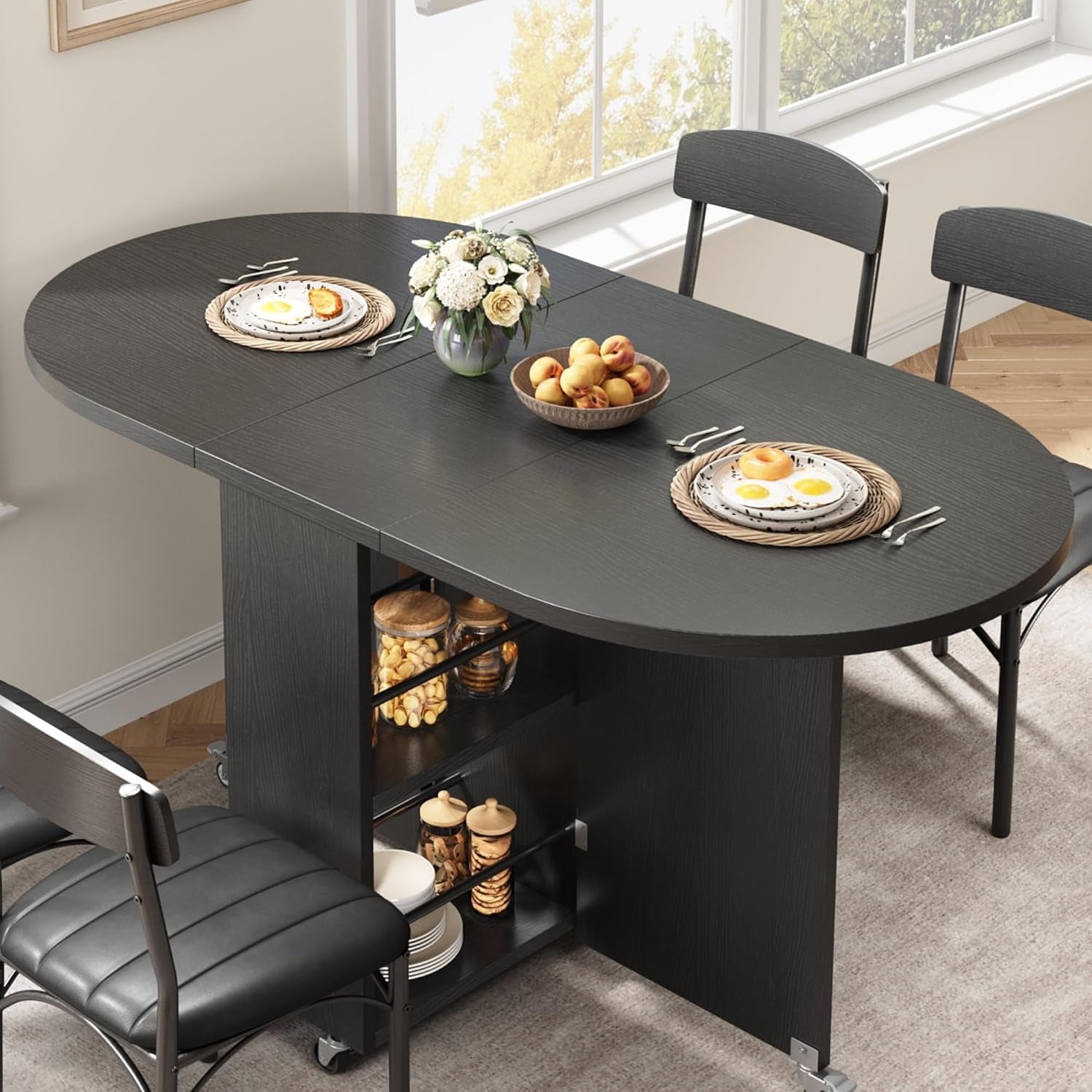 Folding Dining Table for 4 -Foldable Kitchen Dinner Drop Leaf Gateleg Convertible Tables with Storage Drawer and Shelf for Small Spaces Space Saving Kithen Dining Room Furniture (Black, 51*31.5*30)