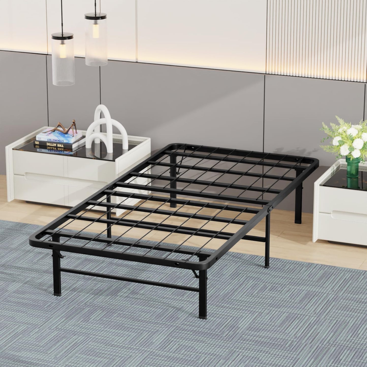 | Twin Bed Frame | Metal | Heavy Duty Steel Slats with 6 Legs | Foldable | Sturdy, No Box Spring Needed | Easy to Assemble with Under-Bed Storage | Furniture for Home, Dorms