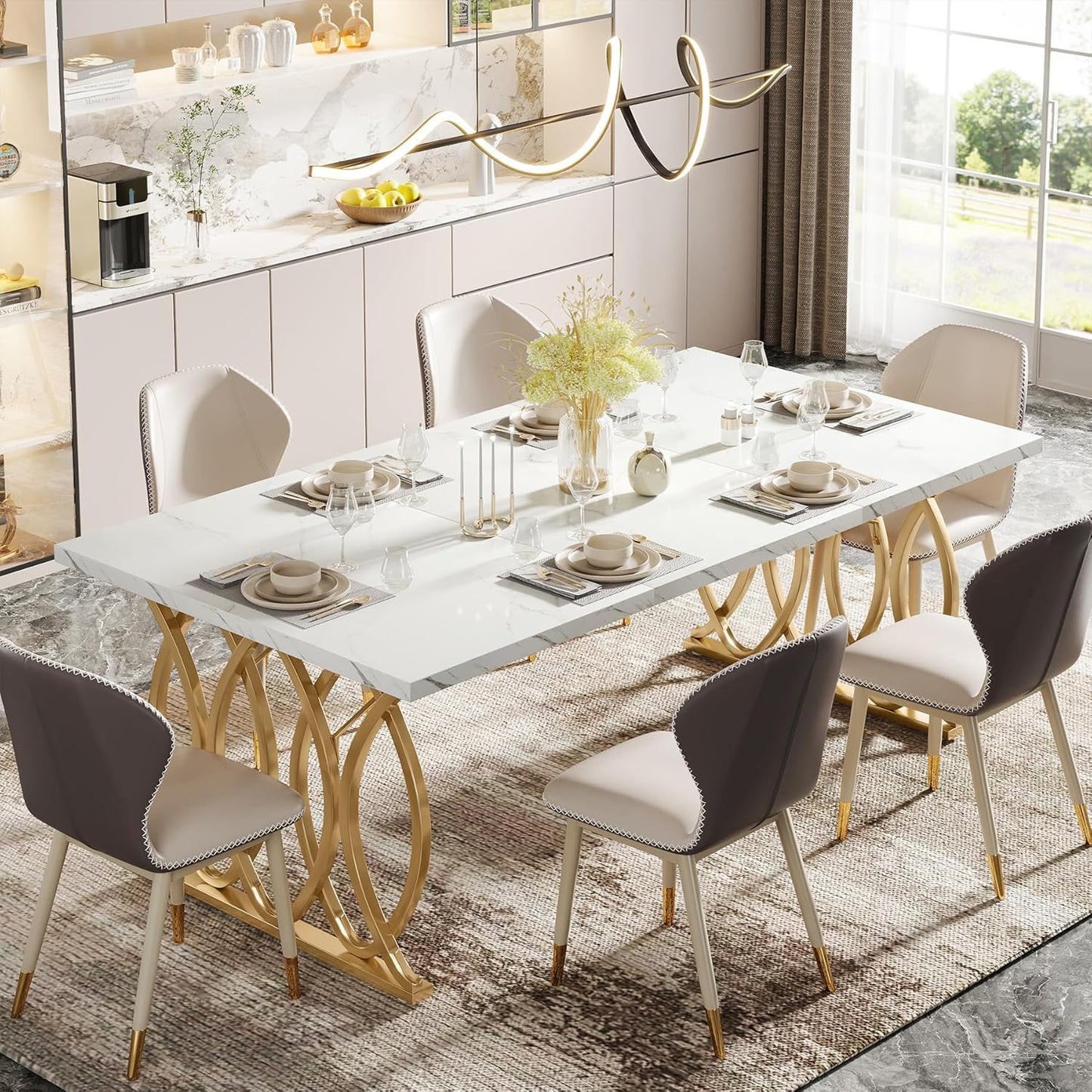 Modern Dining Table, 63" Large Kitchen Table for 4-6 People, Unique Rectangular Dinner Table Kitchen & Dining Room Furniture with Faux Marble Tabletop and Geometric Legs