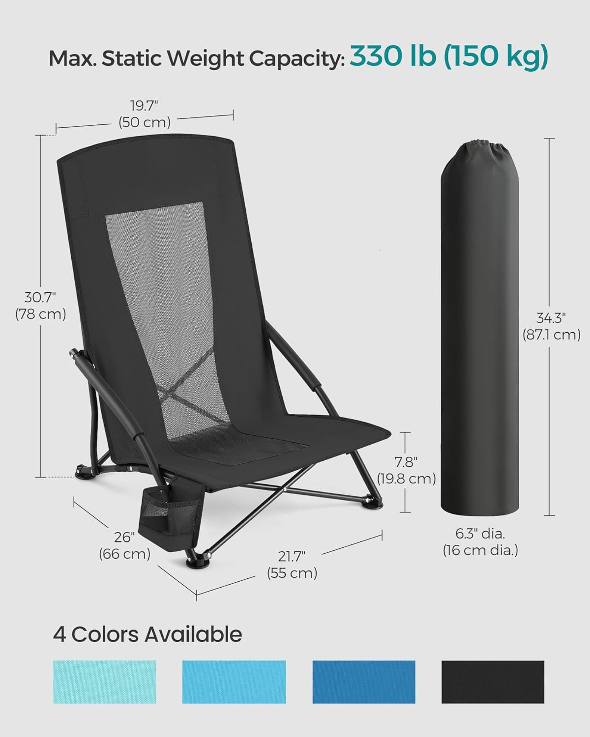 Set of 2 Portable Beach Chairs for Adults, Max. Load 330 Lb Each, High Backrest, Cup Holder, Lightweight, Heavy-Duty, Black UGCB067B01V1