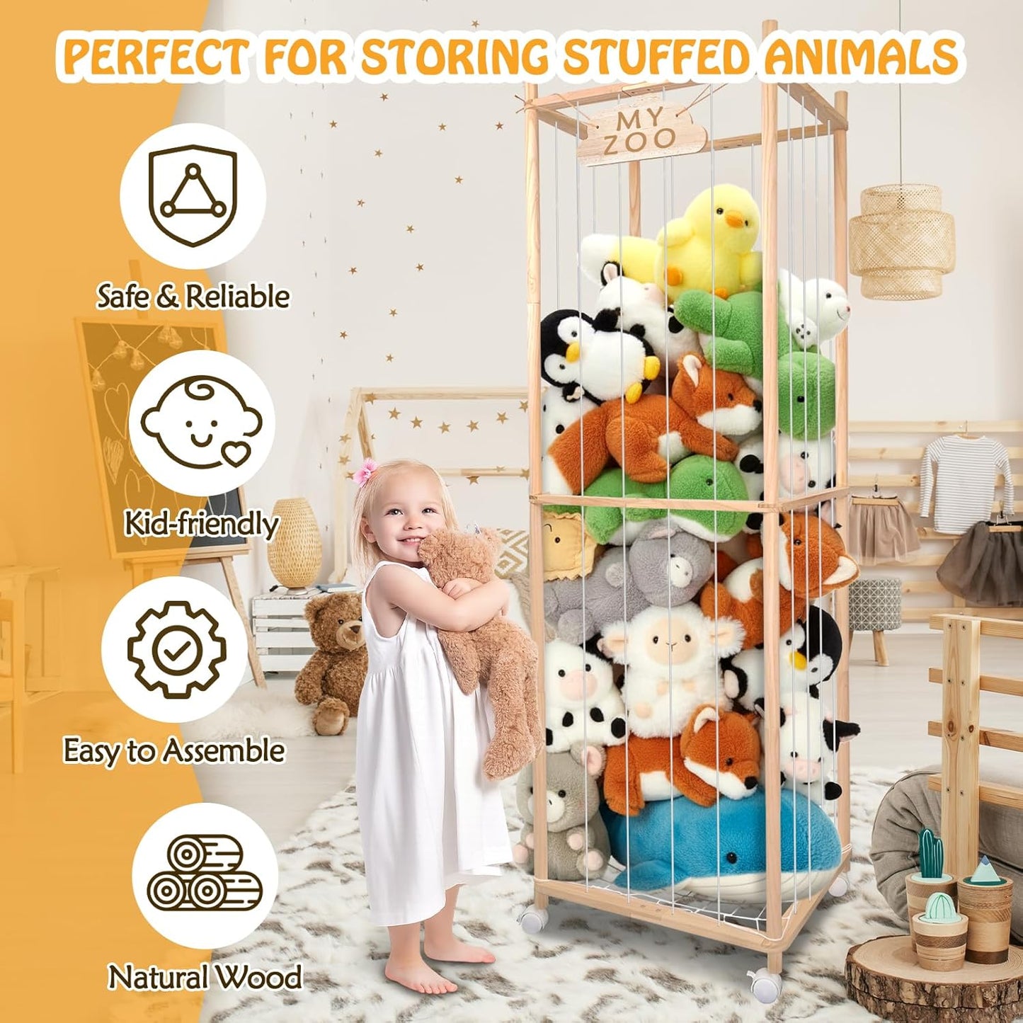 Stuffed Animal Storage Zoo with Wheels, 63'' Tall Large Wooden Plushies Storage Stuffed Animals Holder, Plush Toy Organizer Stuff Animal Zoo with Elastic Band and Net for Toddlers Playroom, Bedroom