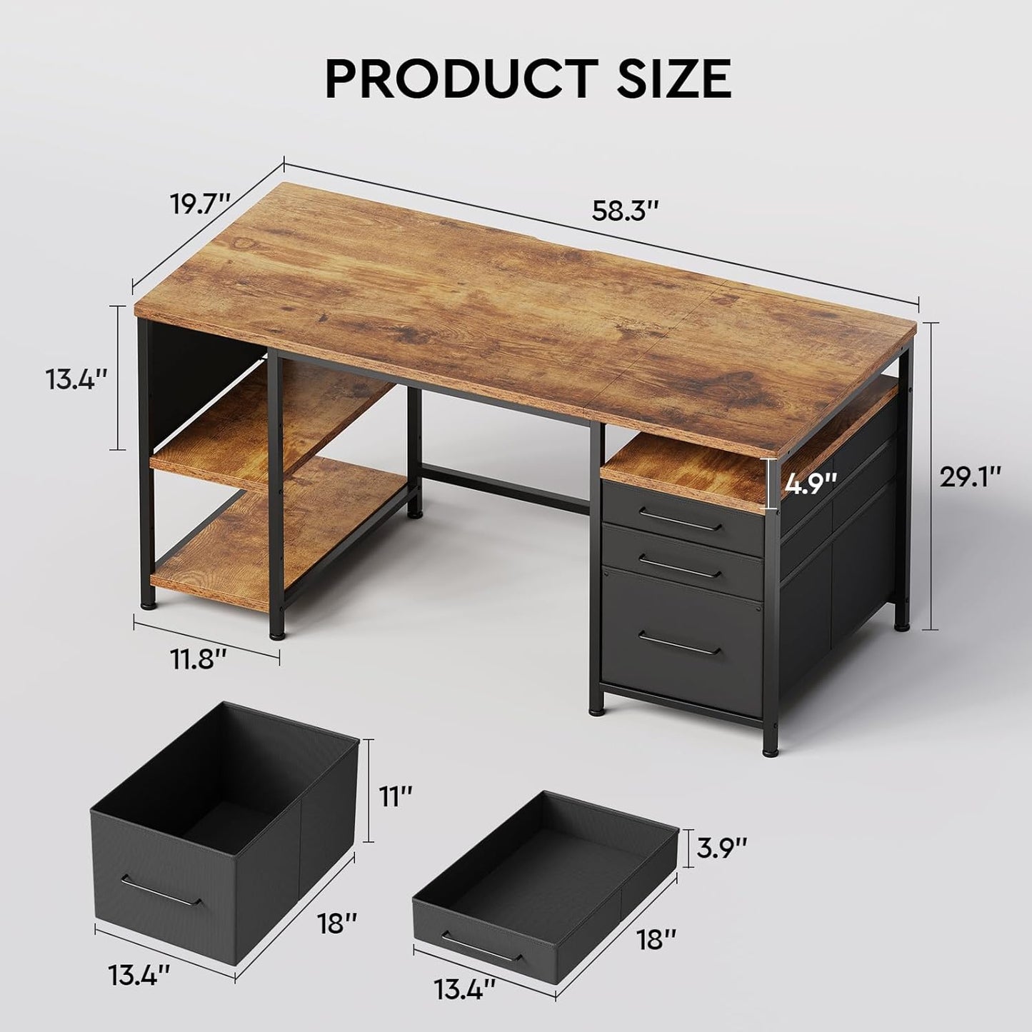 Home Office Desk with Drawers Adjustable Shelves, 59 Inch Writing Desk with File Cabinet, Large Computer Desk with Storage, Rustic Brown