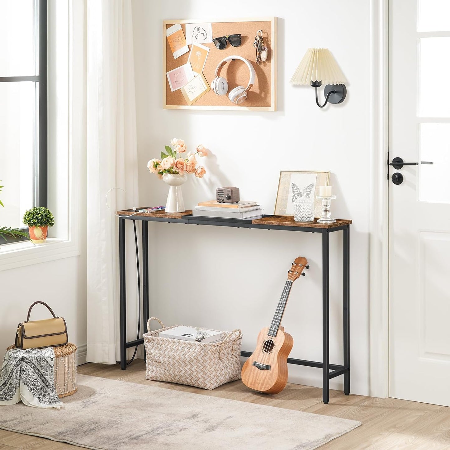 Narrow Console Table with Power Outlets, 44.9 Inches Sofa Table, Slim behind Couch Table, Entryway Table with Display Shelf, for Living Room, Foyer, Hallway, Rustic Brown and Black BF114UXG01