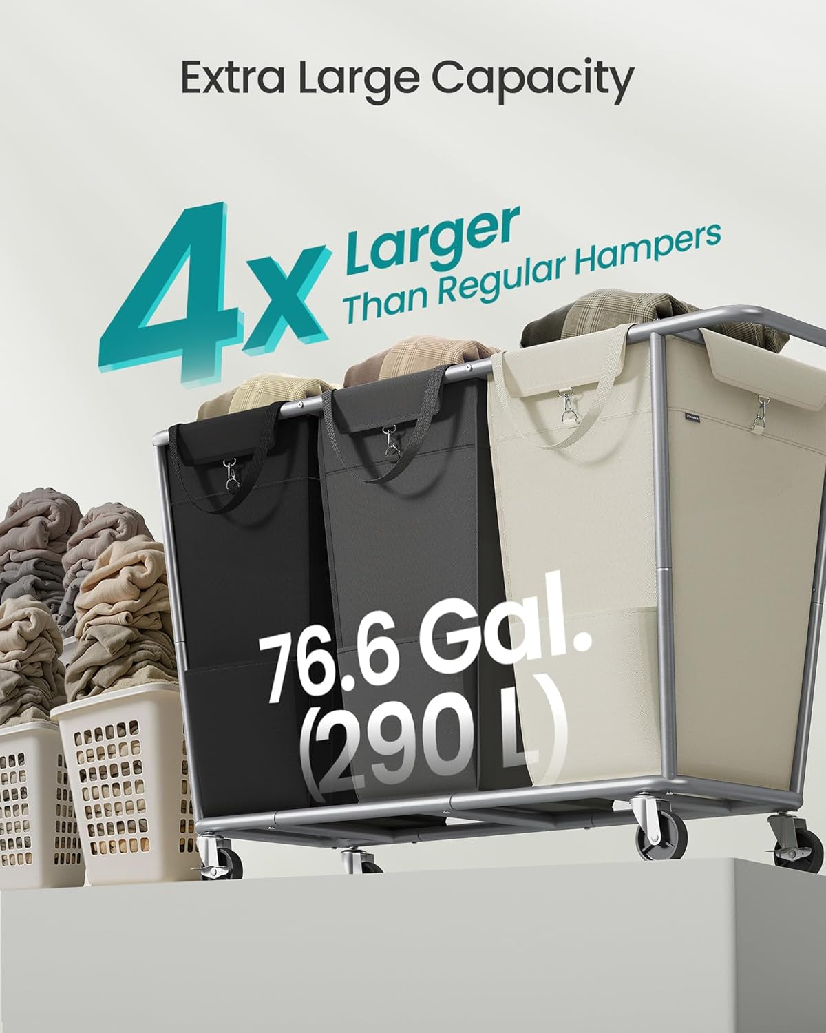 Laundry Basket with Wheels, 76.6 Gallons (290 L), 3-Section Rolling Laundry Hamper with Removable Bags, Heavy-Duty Steel Frame with Handle, Cream White, Dark Gray and Ink Black URLS010X01